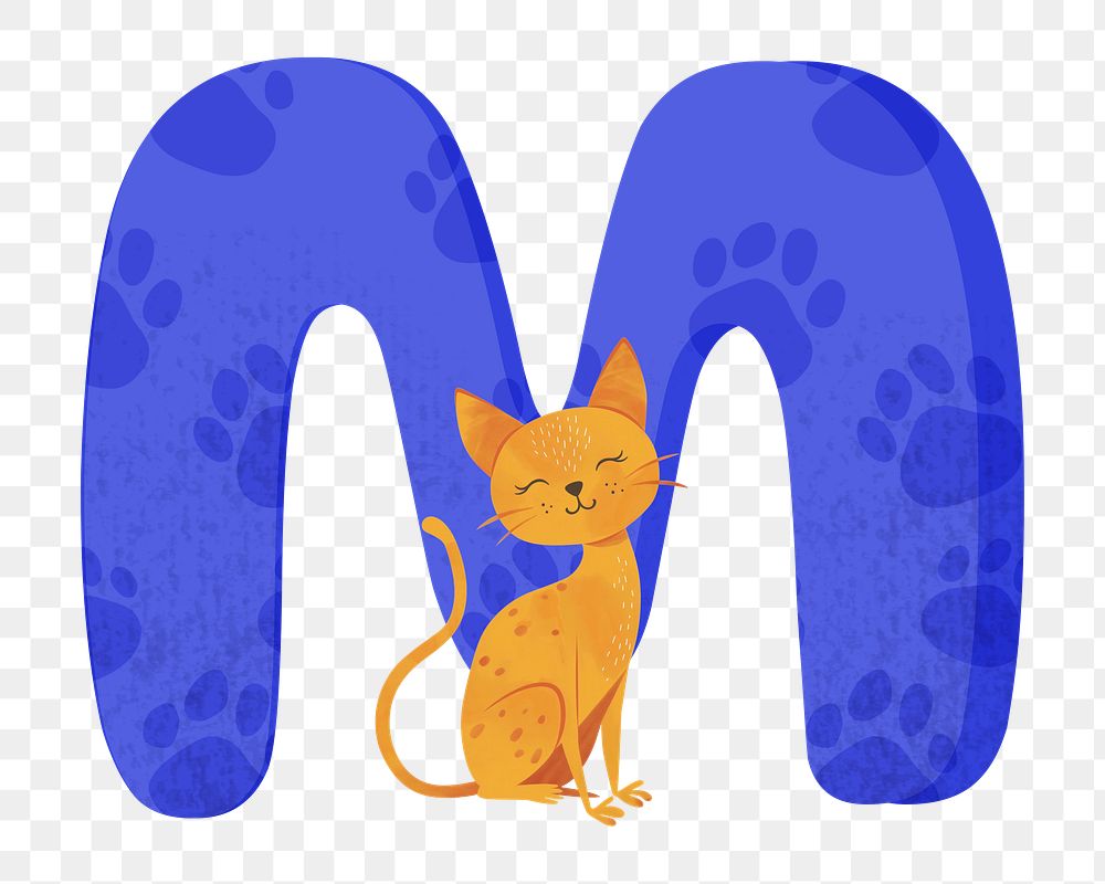 Letter M png in blue with cat character, transparent background
