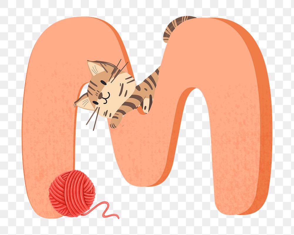 Letter M png in orange with cat character, transparent background