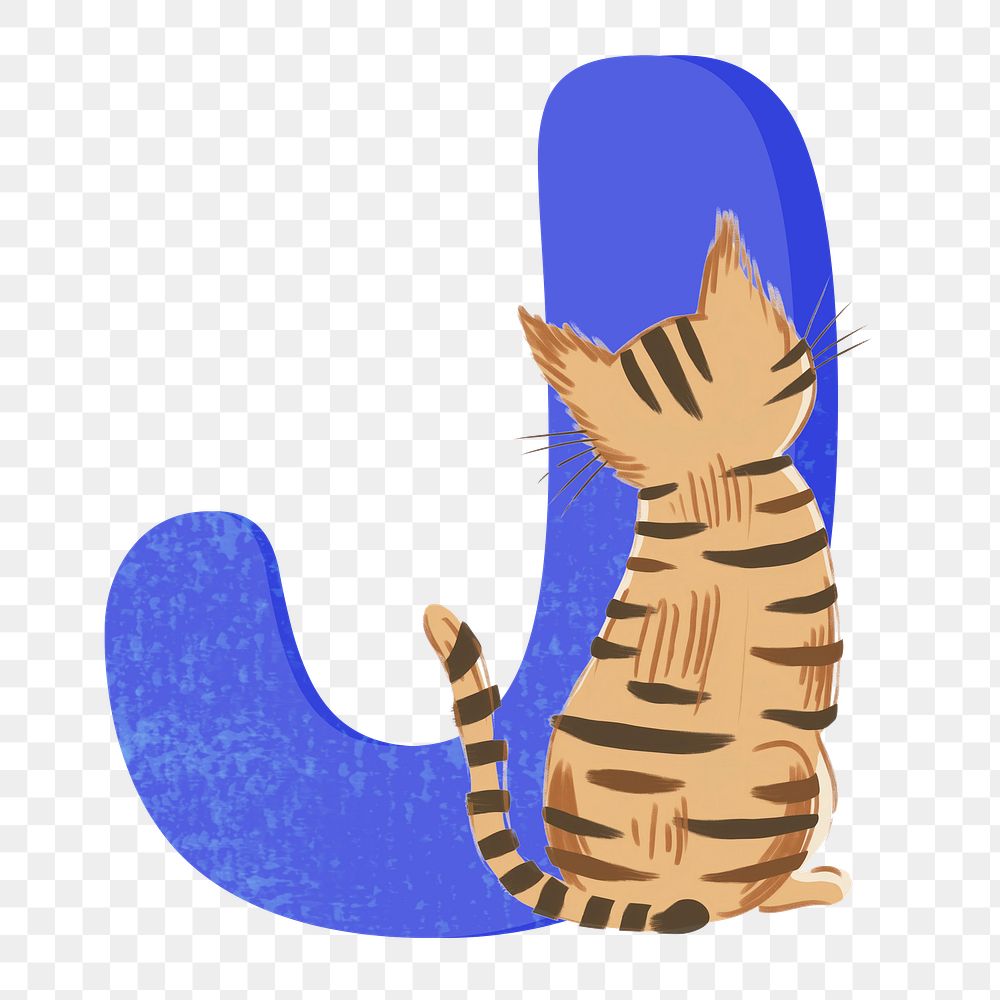 Letter J png in blue with cat character, transparent background