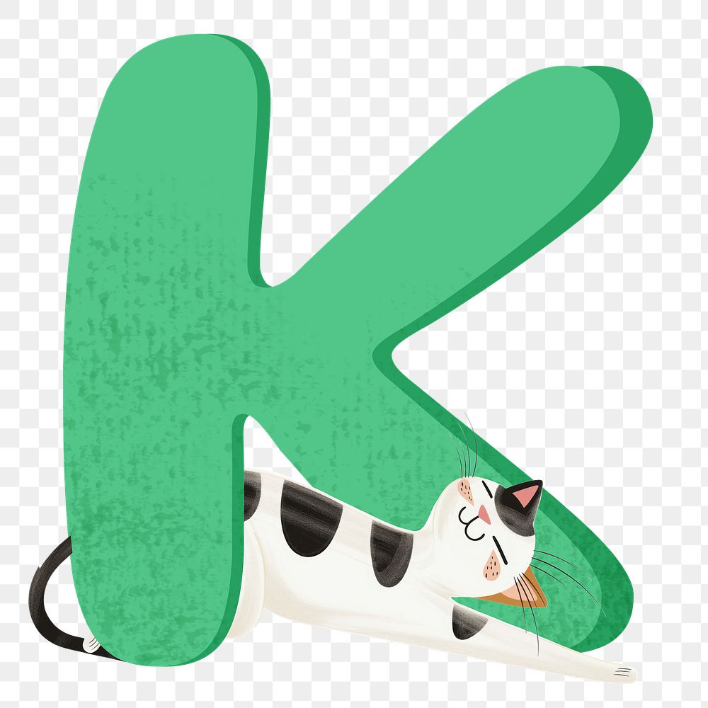 Letter K png in green with cat character, transparent background