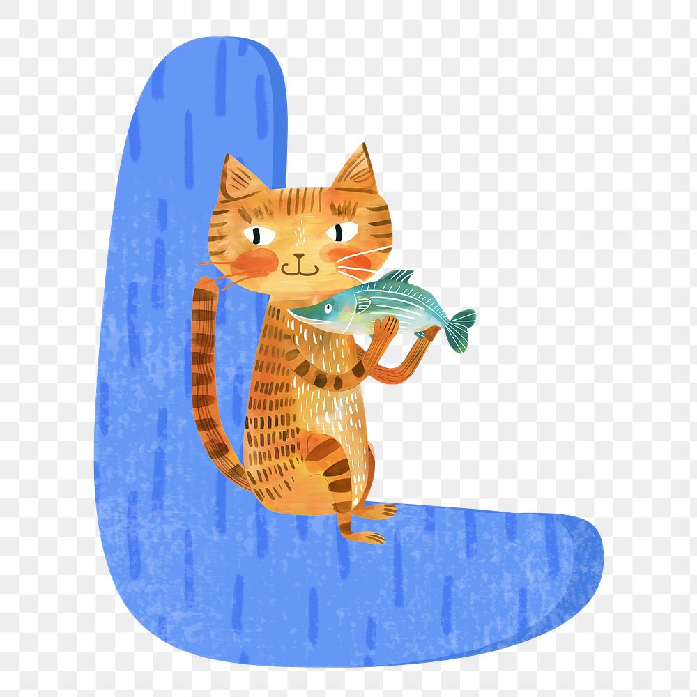Letter L png in blue with cat character, transparent background