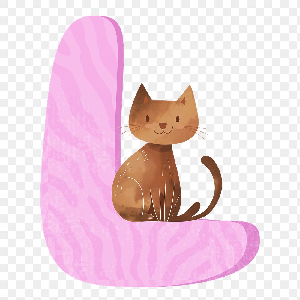 Letter L png in pink with cat character, transparent background
