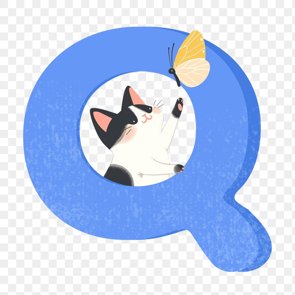 Letter Q png in blue with cat character, transparent background