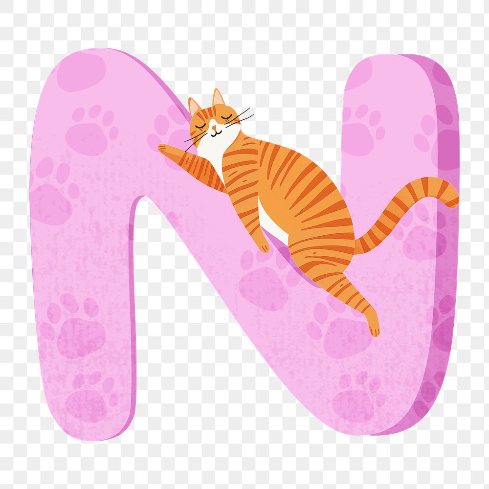 Letter N png in pink with cat character, transparent background