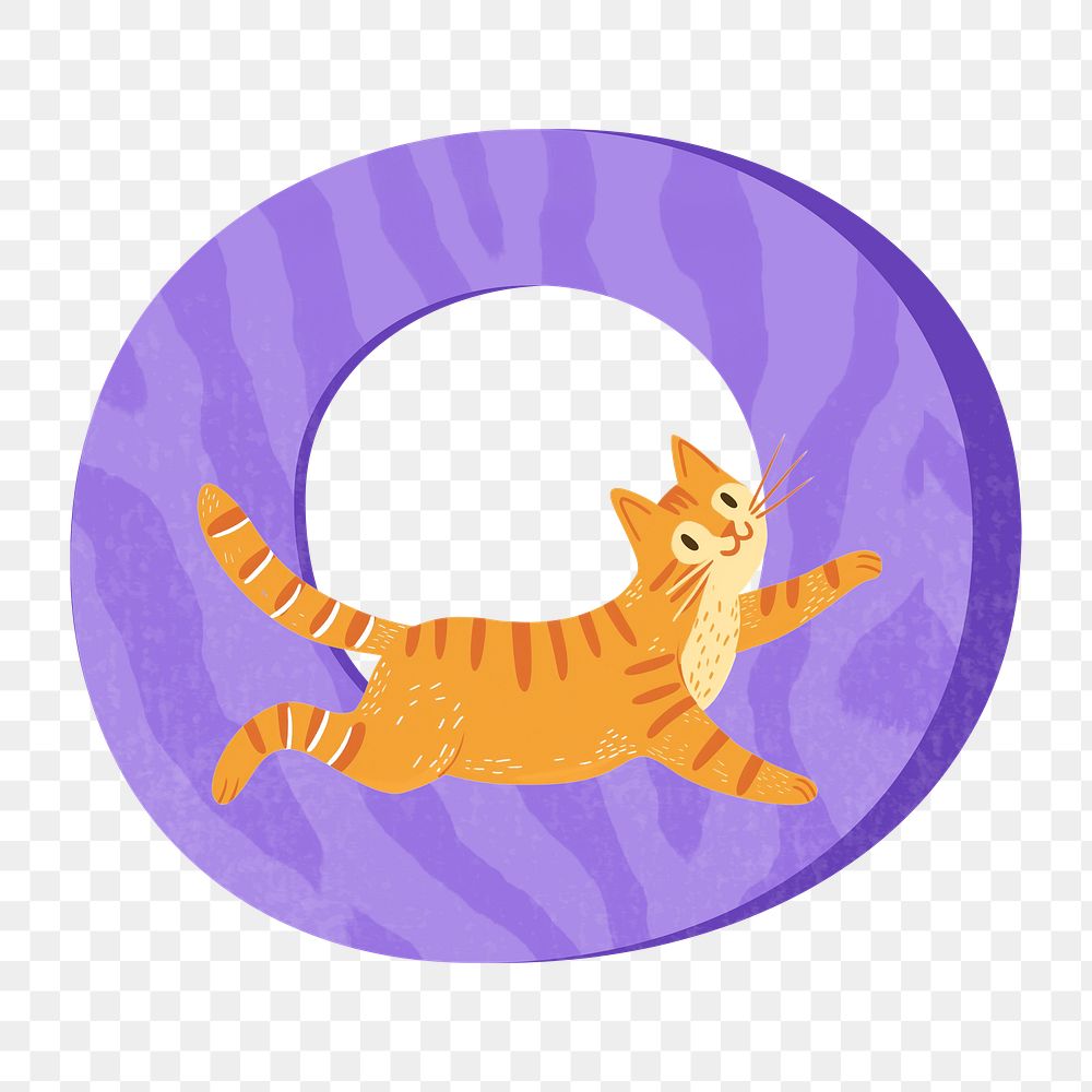 Letter O png in purple with cat character, transparent background
