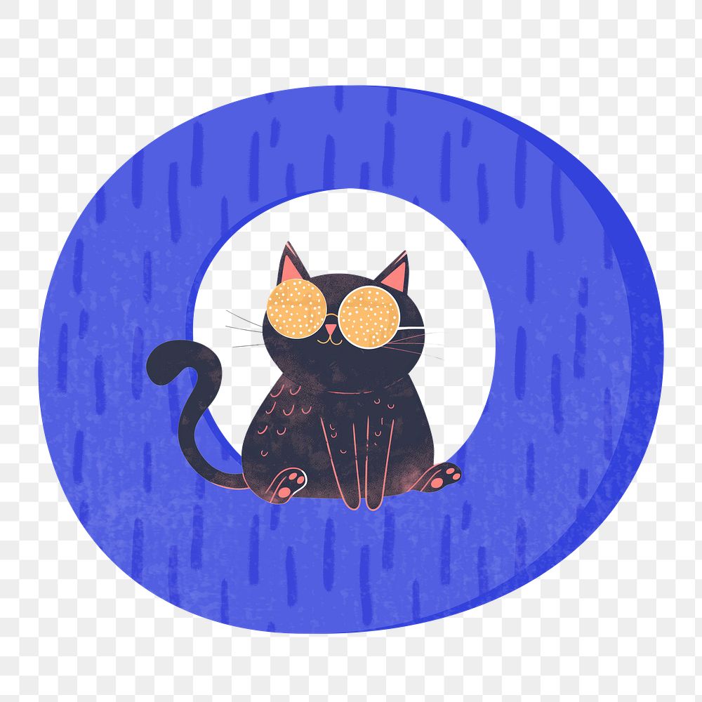 Letter O png in blue with cat character, transparent background