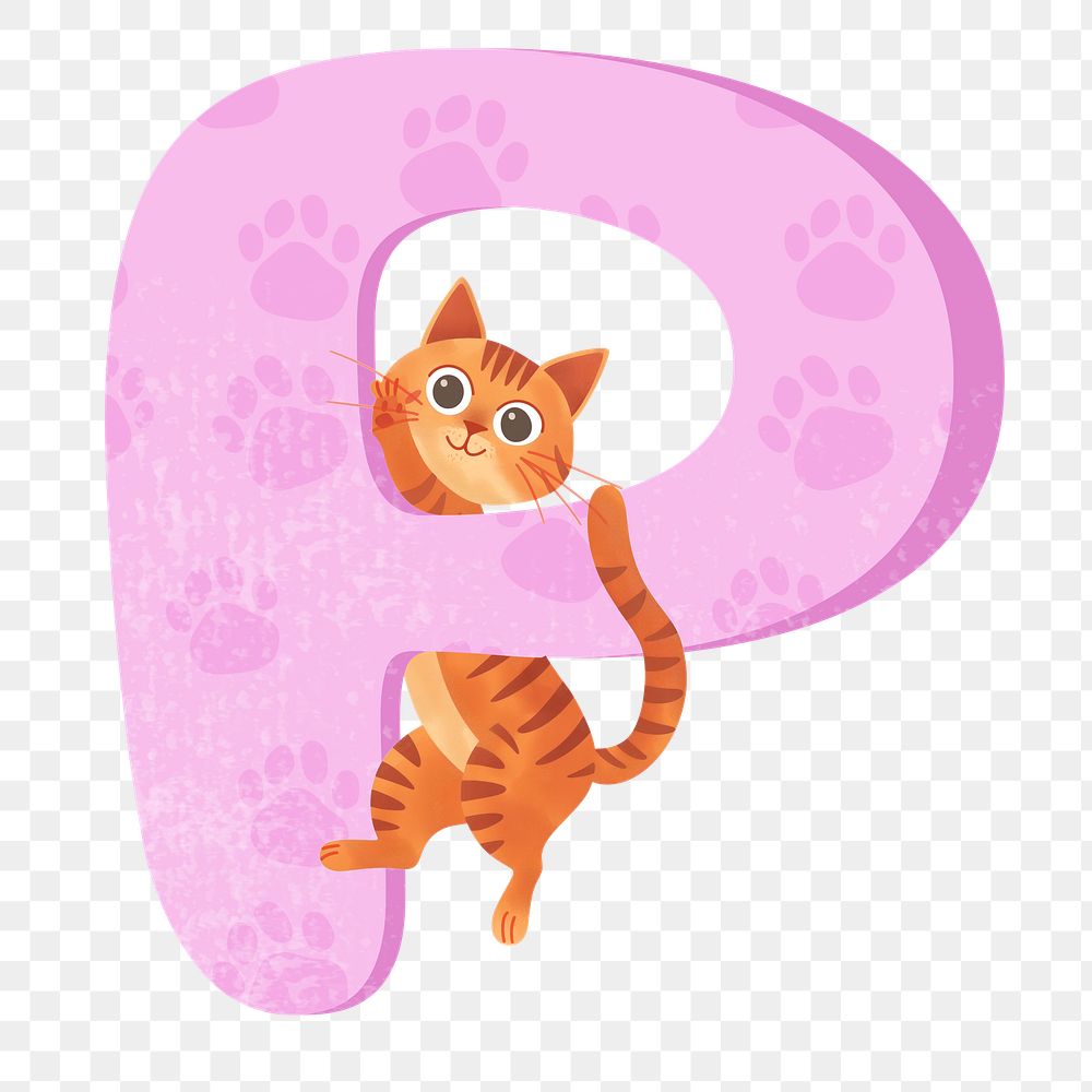 Letter P png in pink with cat character, transparent background