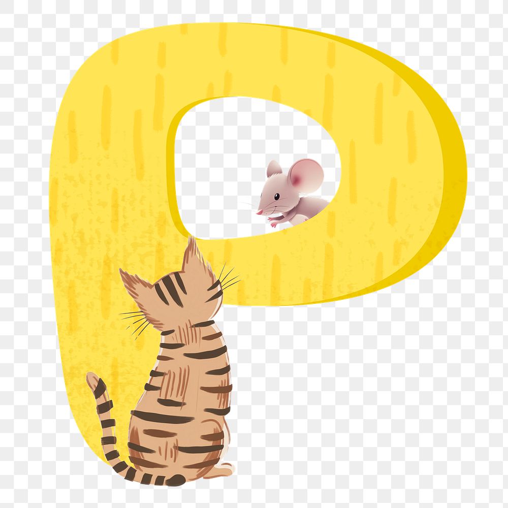 Letter P png in yellow with cat character, transparent background