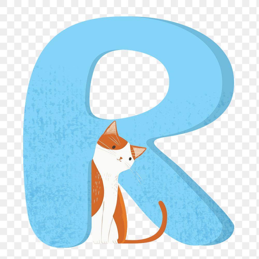 Letter R png in blue with cat character, transparent background