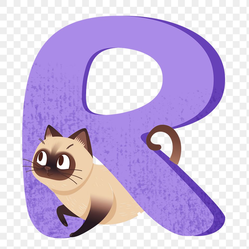 Letter R png in purple with cat character, transparent background