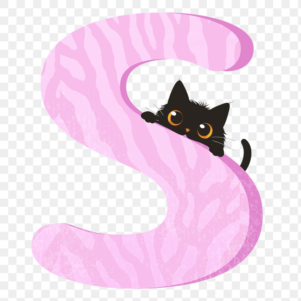 Letter S png in pink with cat character, transparent background