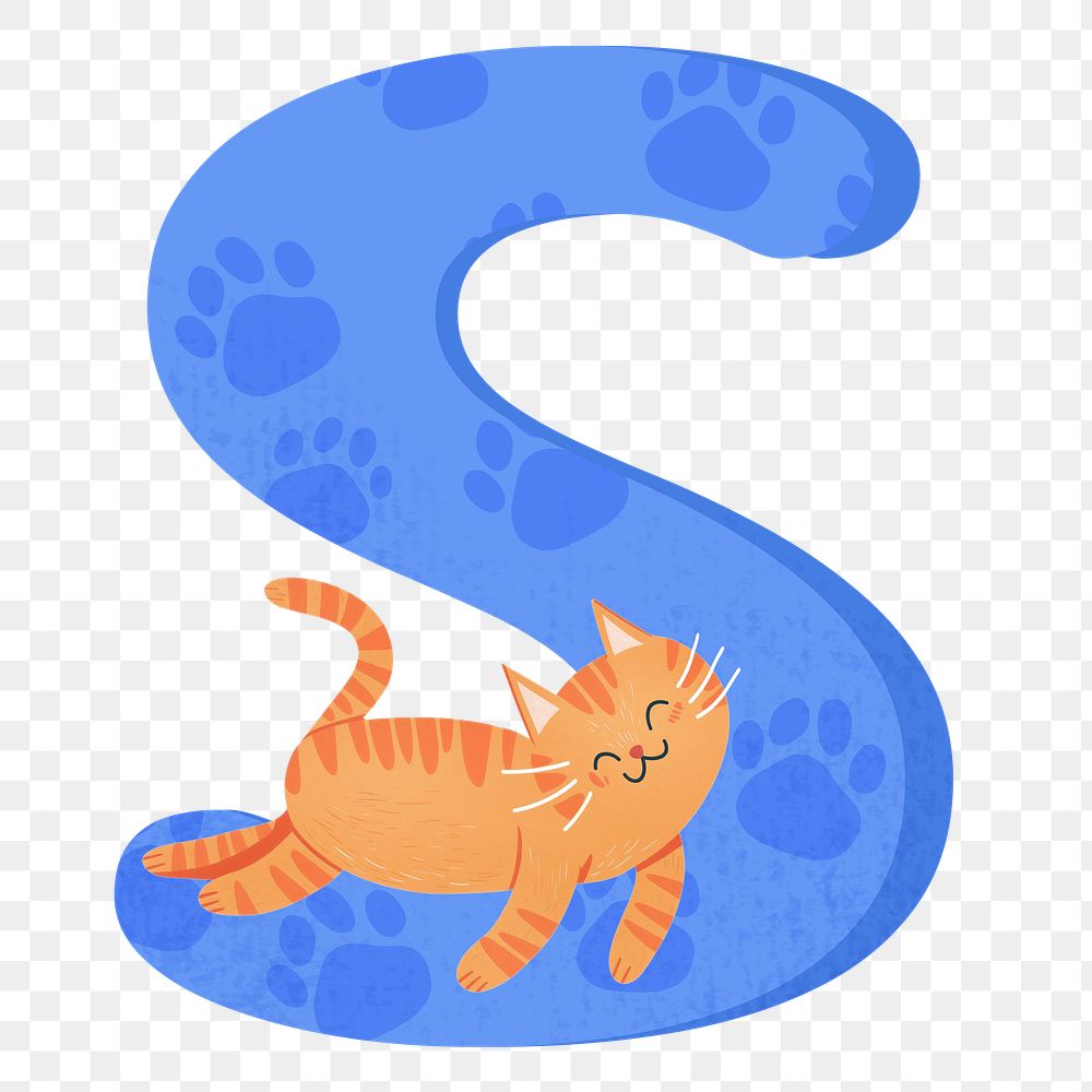 Letter S png in blue with cat character, transparent background