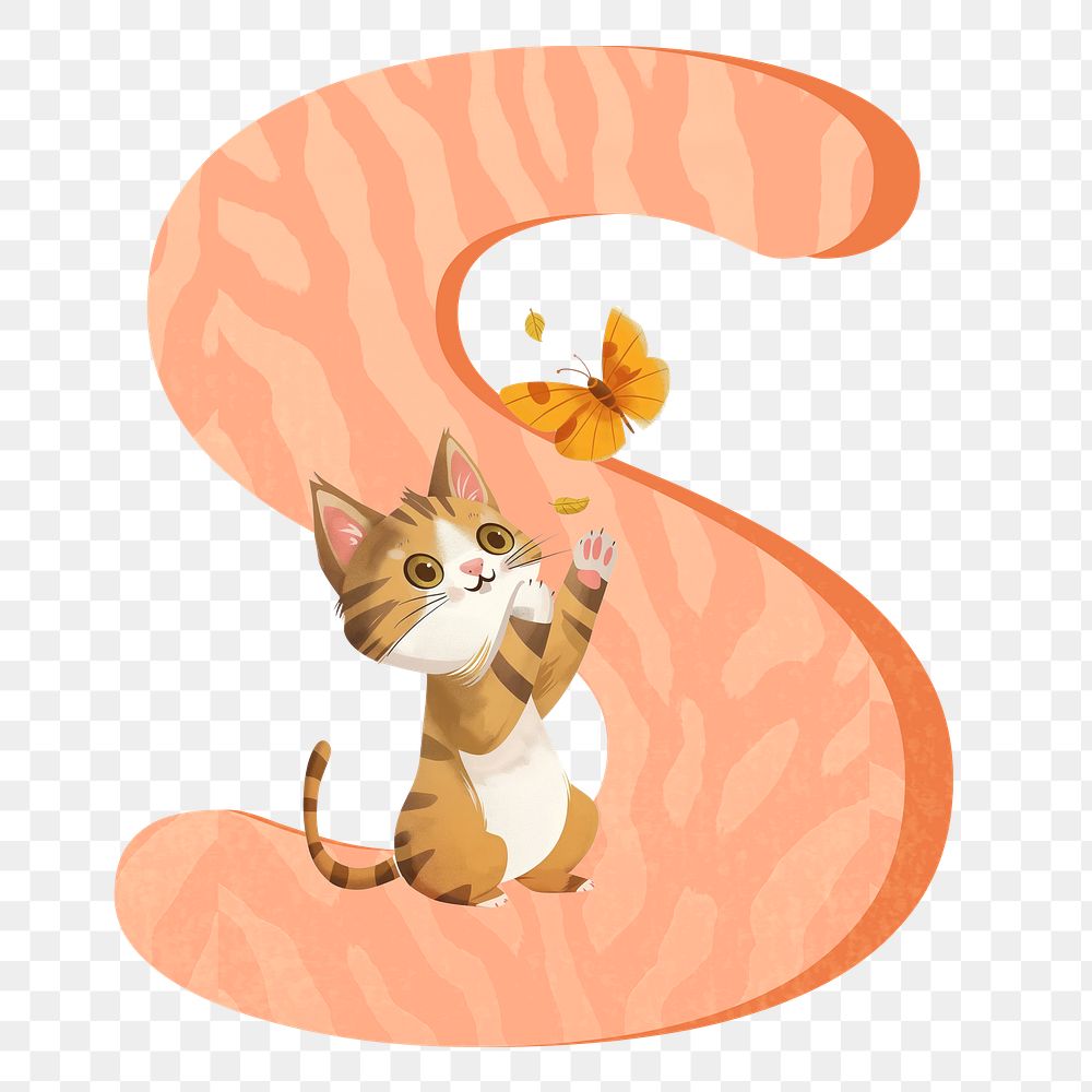 Letter S png in orange with cat character, transparent background