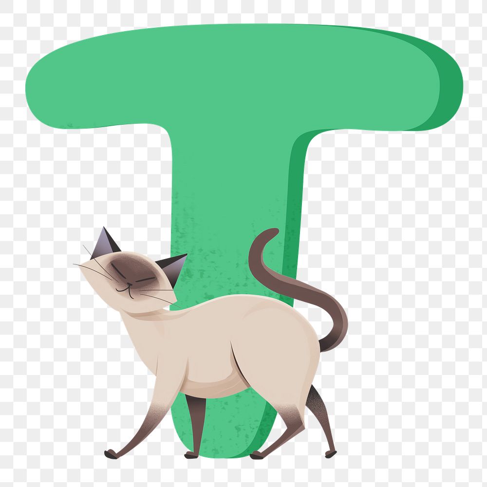 Letter T png in green with cat character, transparent background