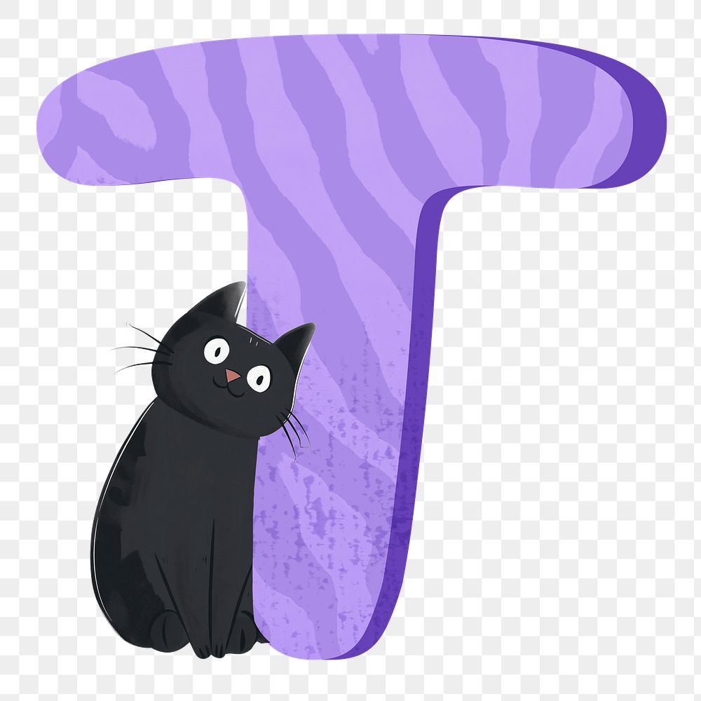 Letter T png in purple with cat character, transparent background
