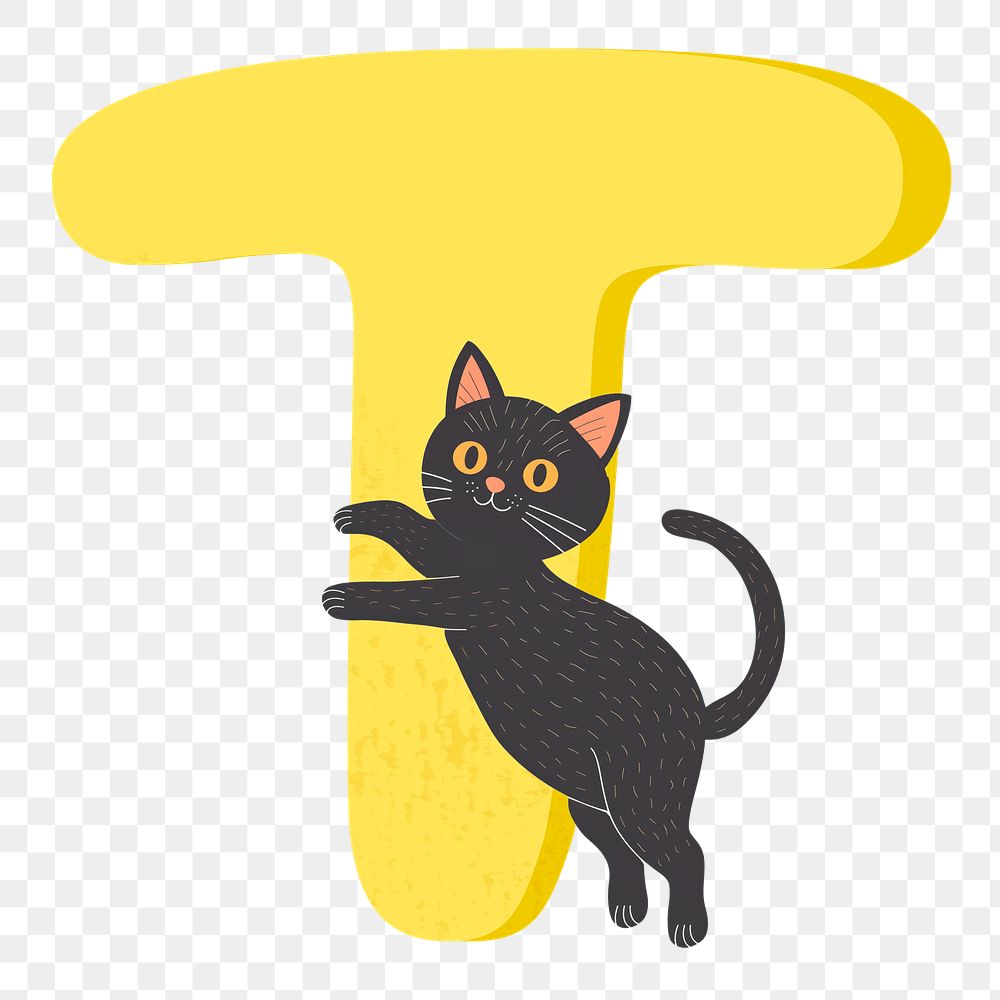 Letter T png in yellow with cat character, transparent background