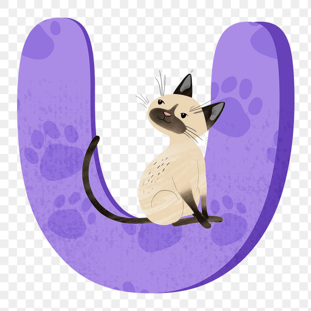 Letter U png in purple with cat character, transparent background