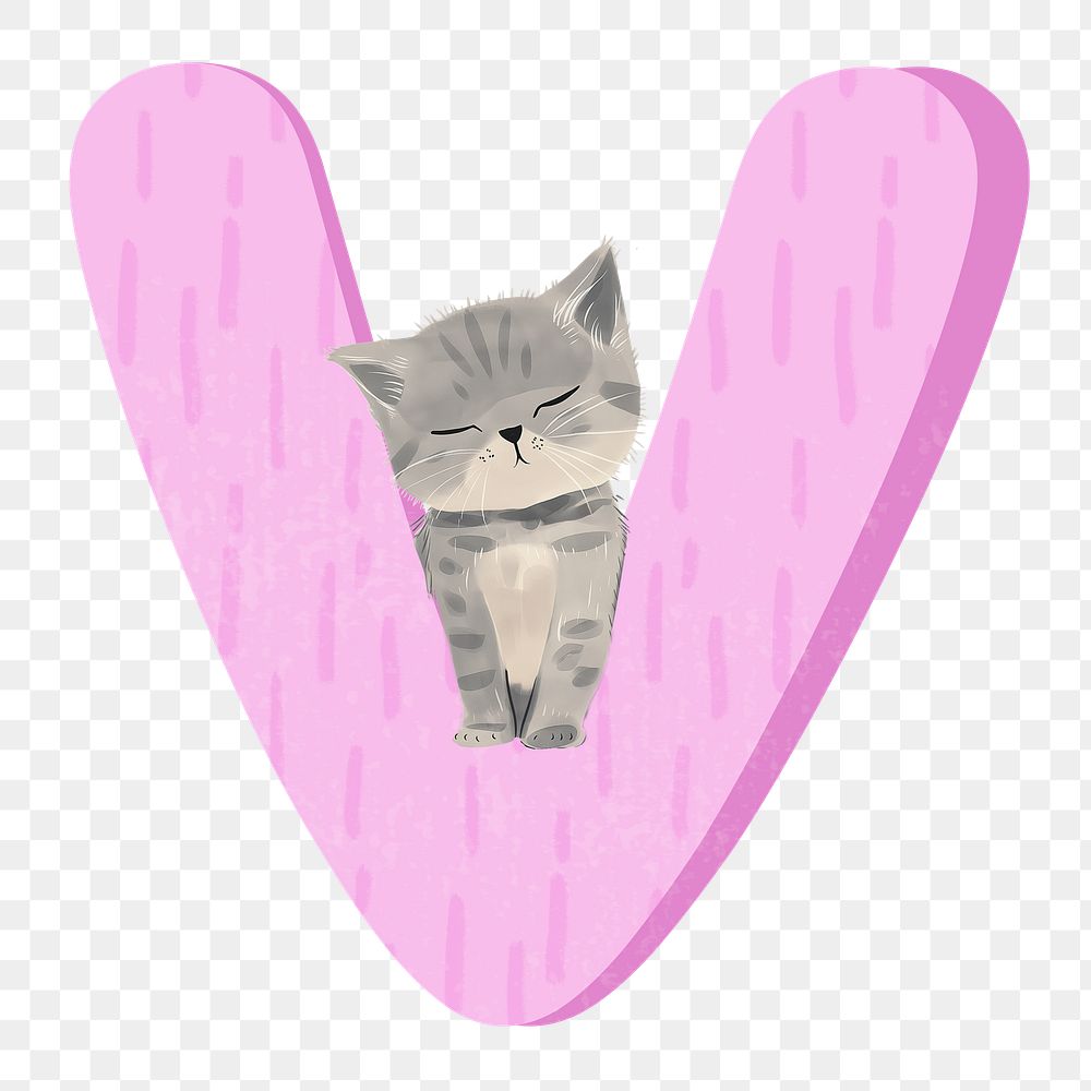 Letter V png in pink with cat character, transparent background