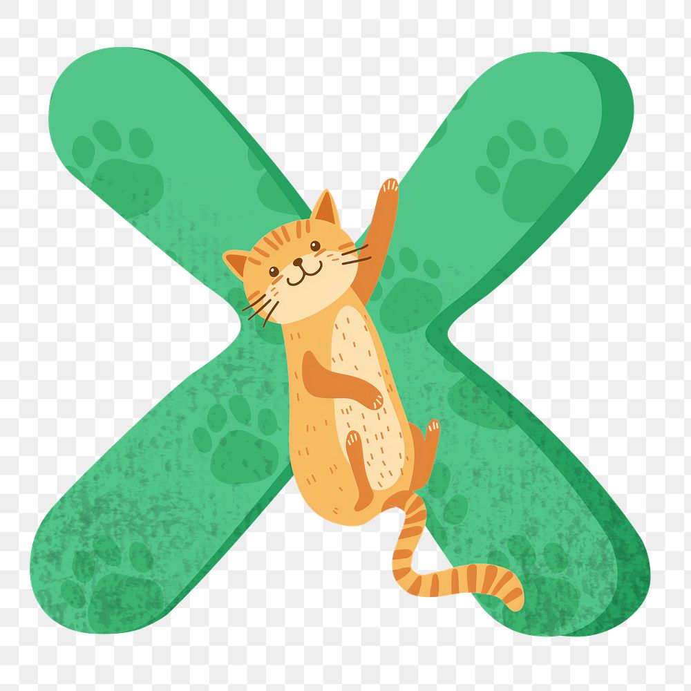 Letter X png in green with cat character, transparent background
