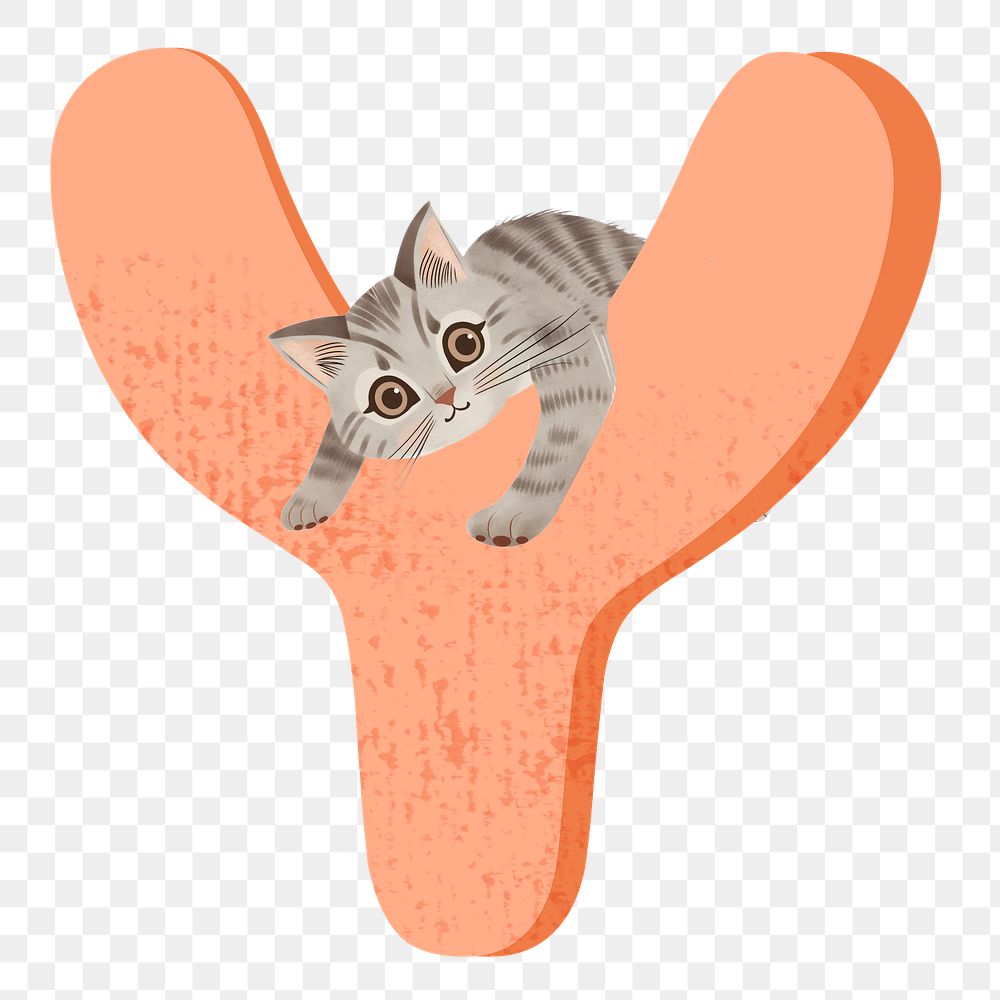 Letter Y png in orange with cat character, transparent background