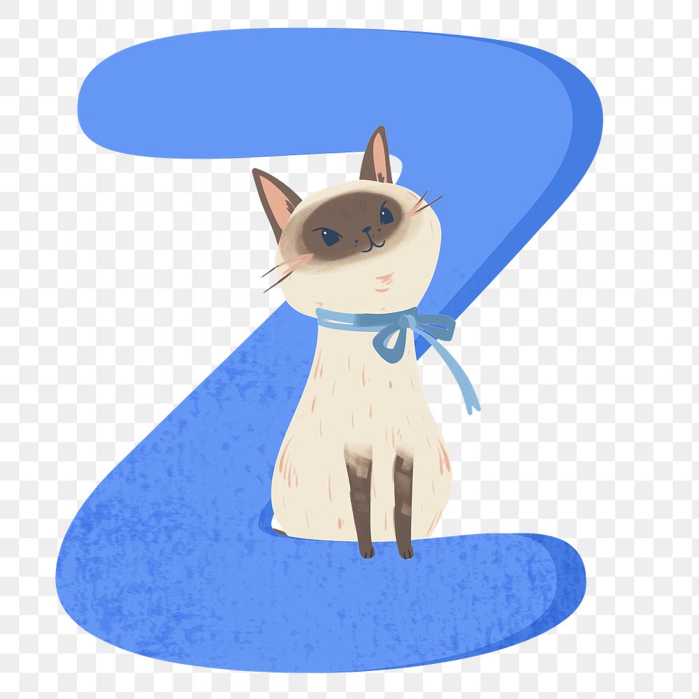 Letter Z png in blue with cat character, transparent background