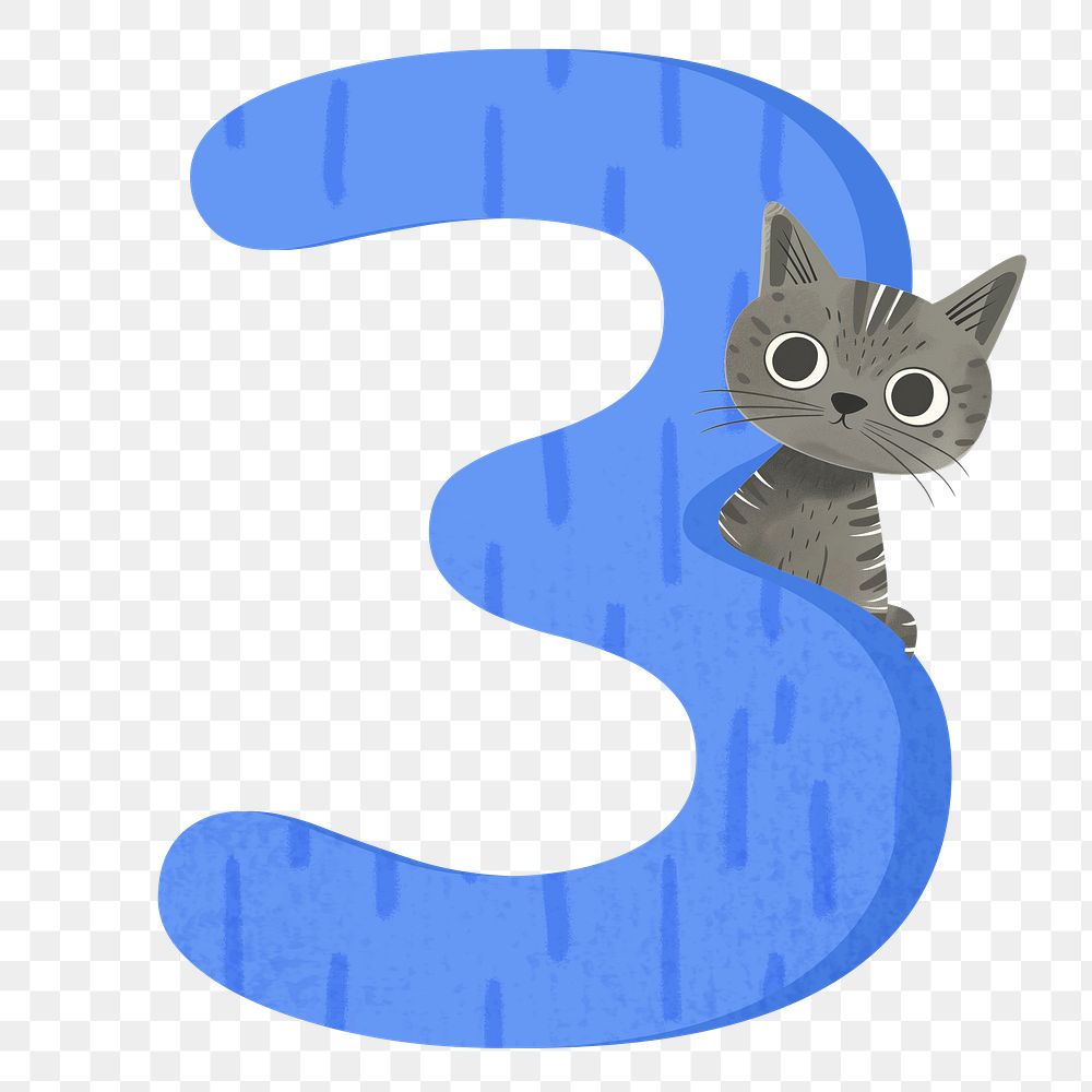 Number 3 png with cat character, transparent background