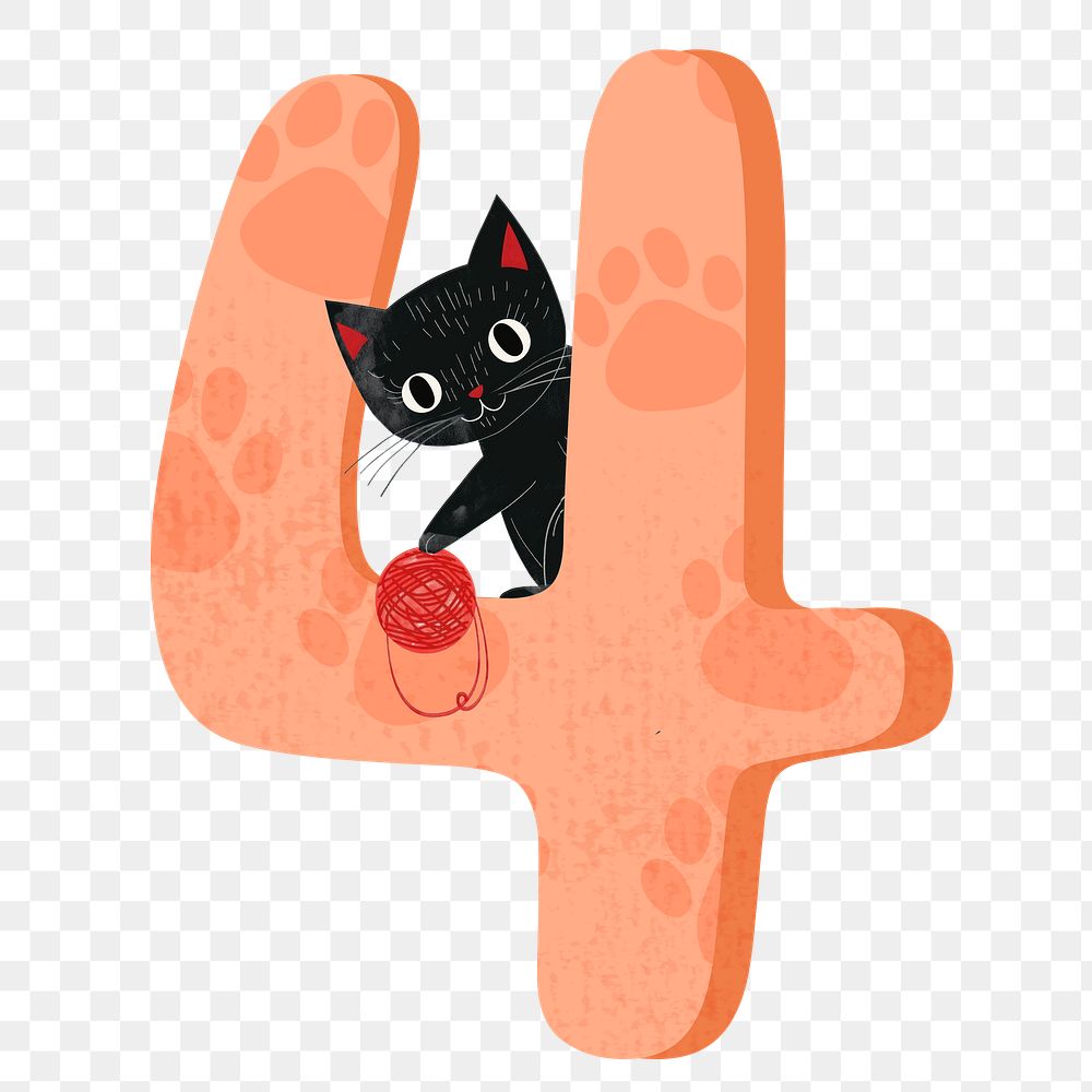 Number 4 png with cat character, transparent background