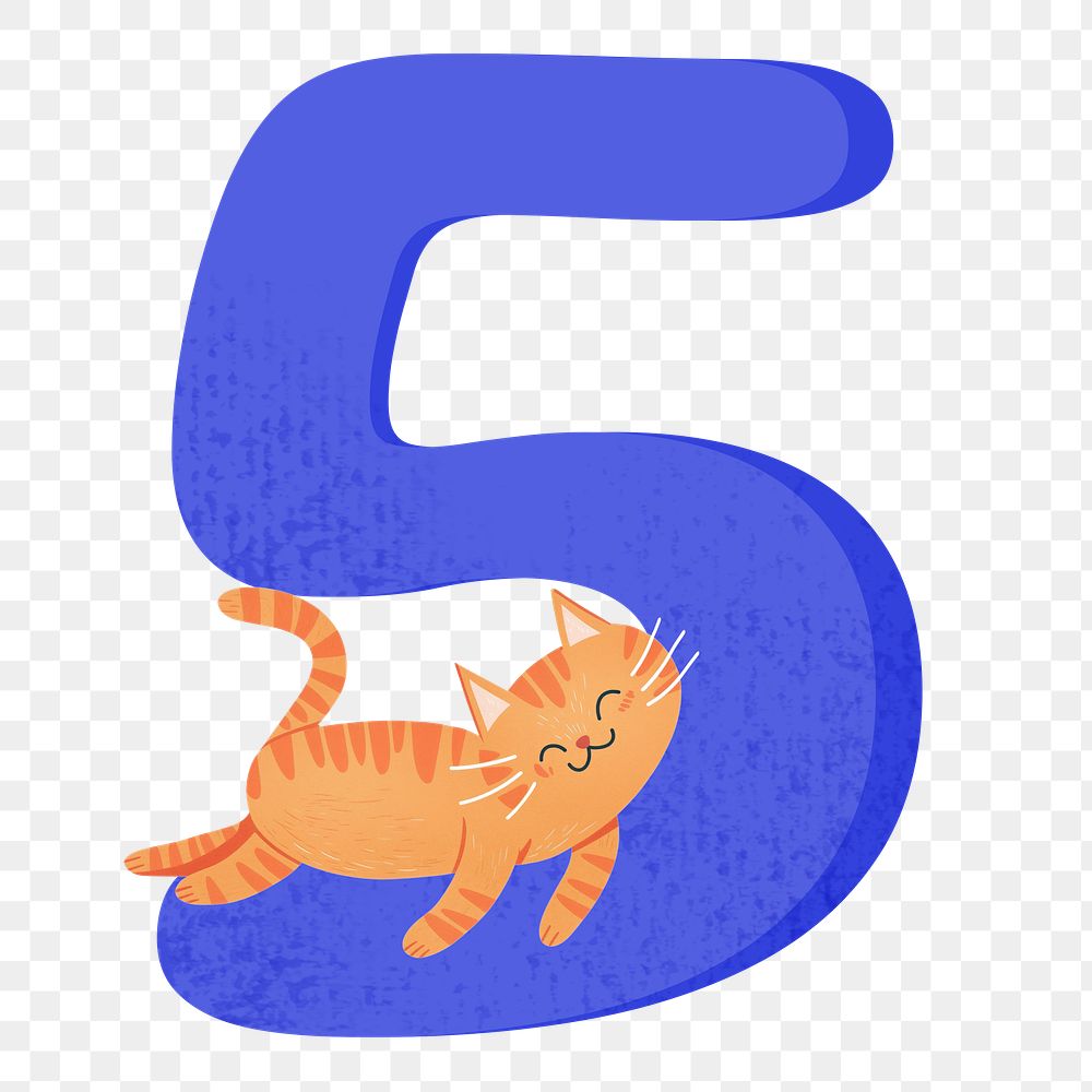 Number 5 png with cat character, transparent background