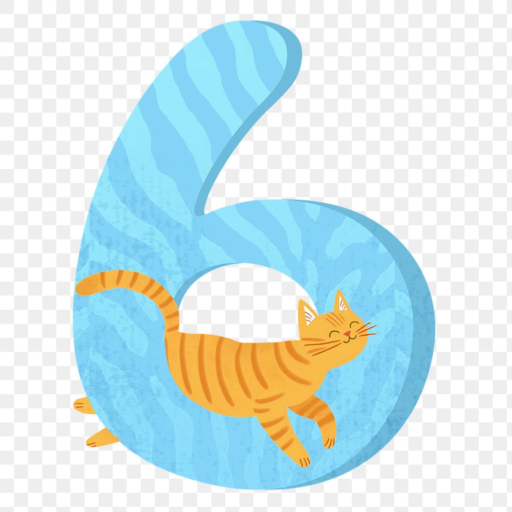 Number 6 png with cat character, transparent background