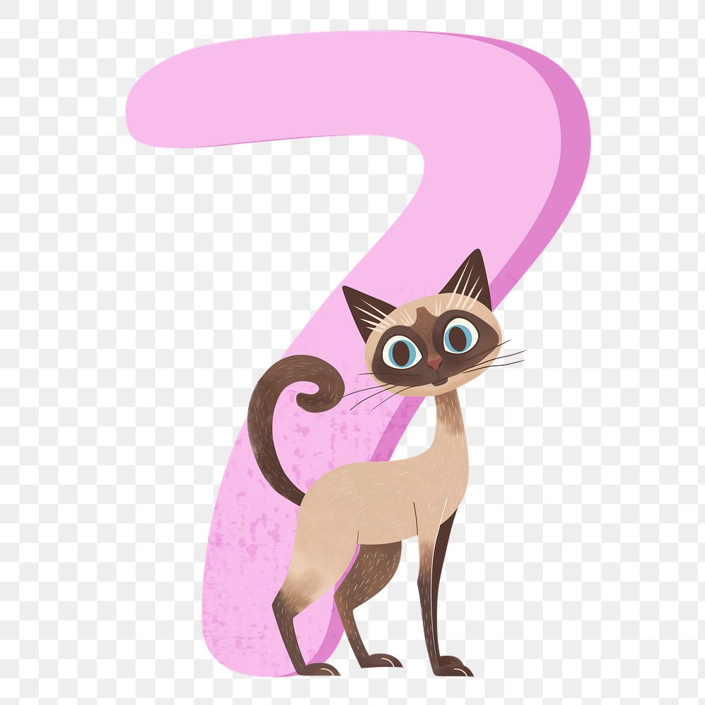 Number 7 png with cat character, transparent background