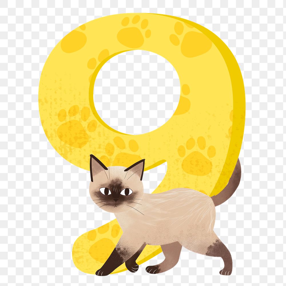 Number 9 png with cat character, transparent background