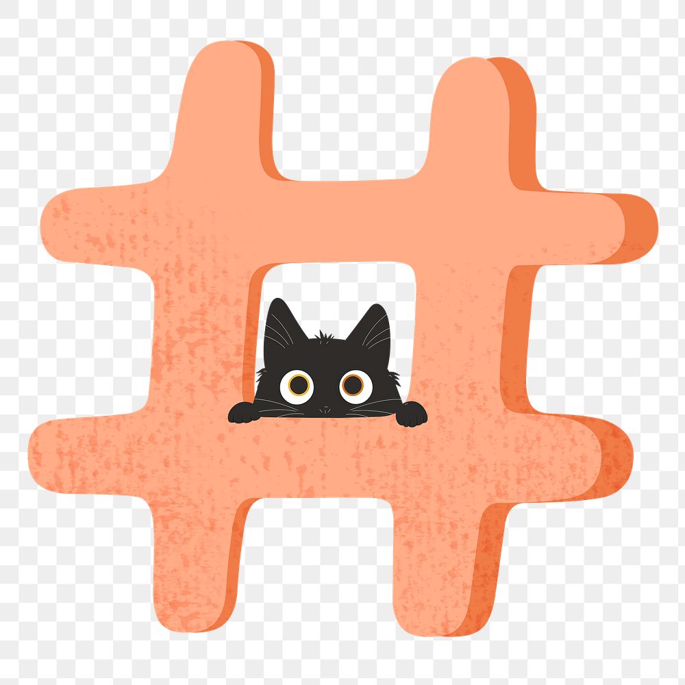 PNG orange hashtag with cat character, transparent background