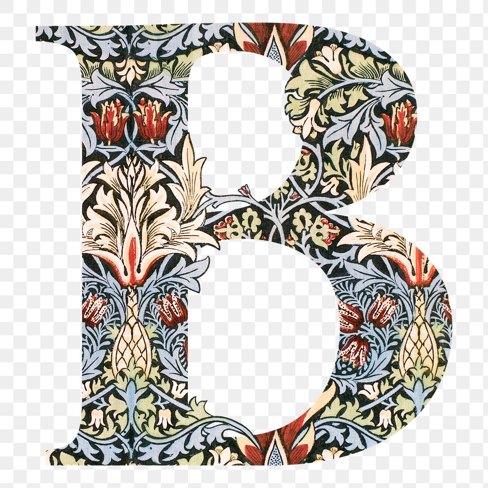 PNG Letter B botanical pattern font, inspired by William Morris, transparent background