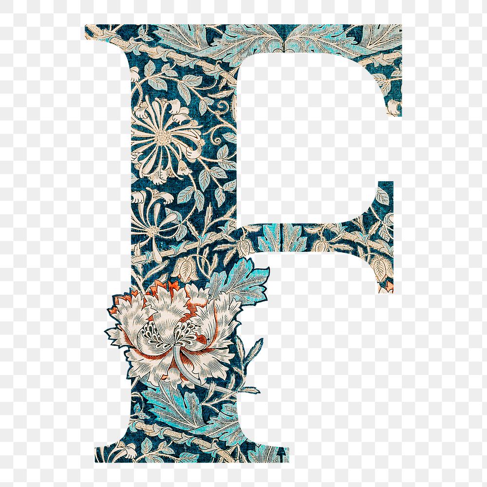 PNG Letter F botanical pattern font, inspired by William Morris, transparent background
