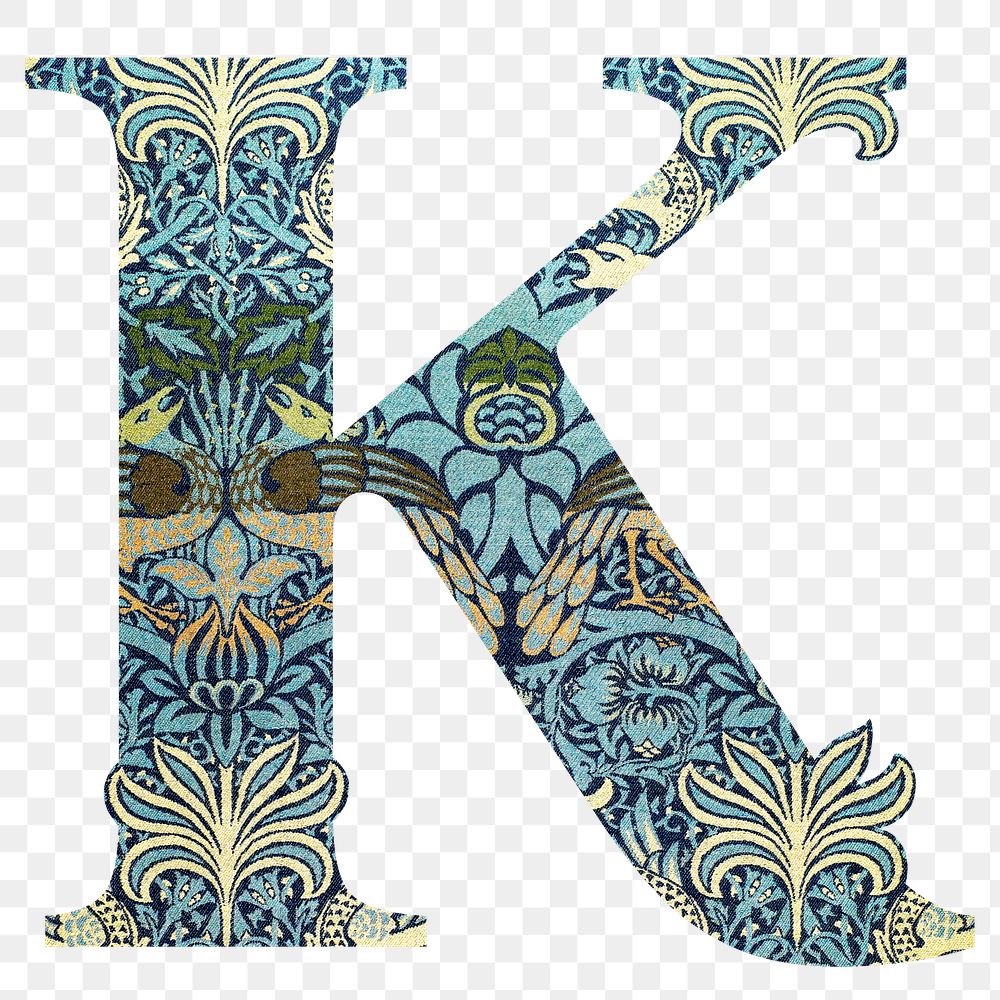 PNG Letter K botanical pattern font, inspired by William Morris, transparent background