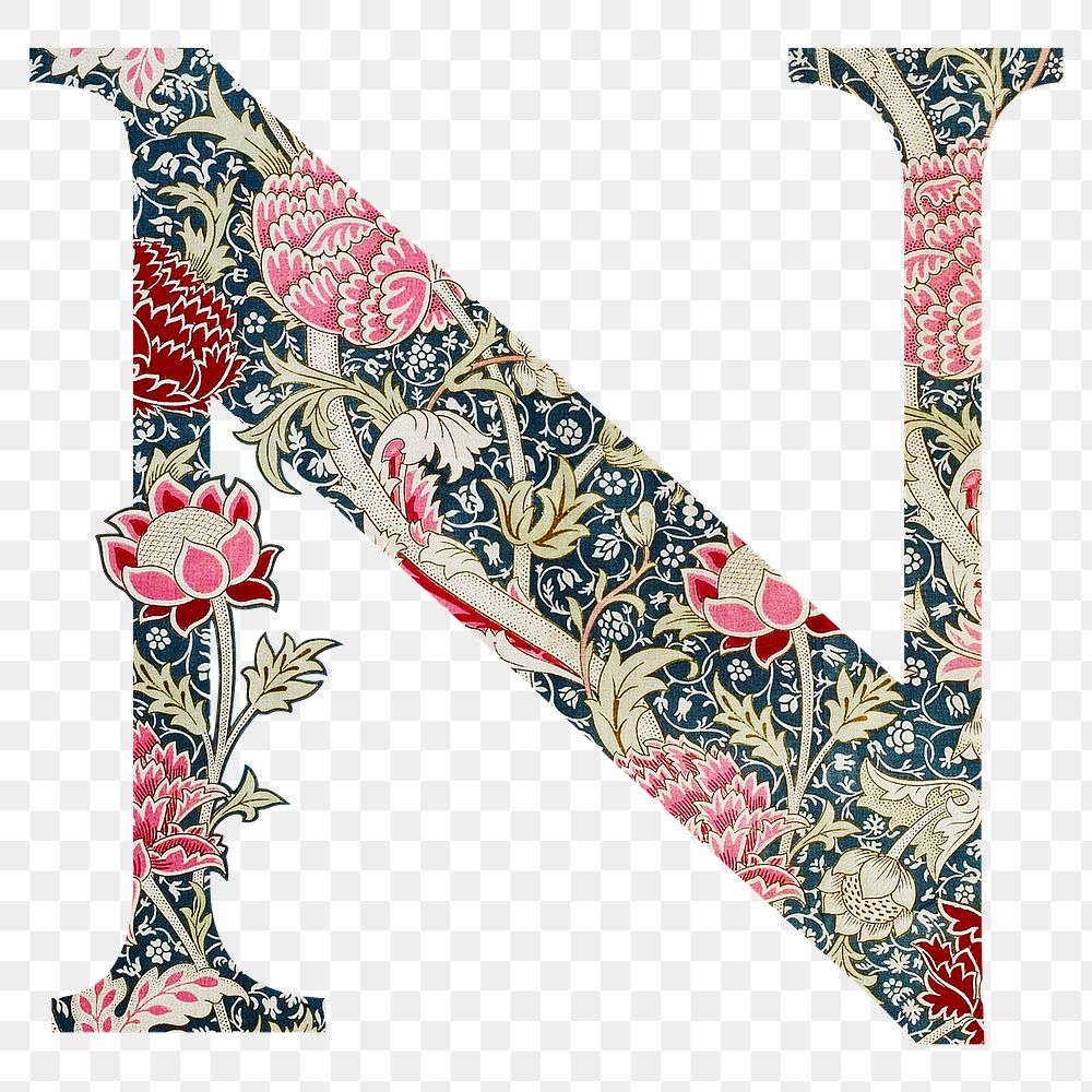 PNG Letter N botanical pattern font, inspired by William Morris, transparent background