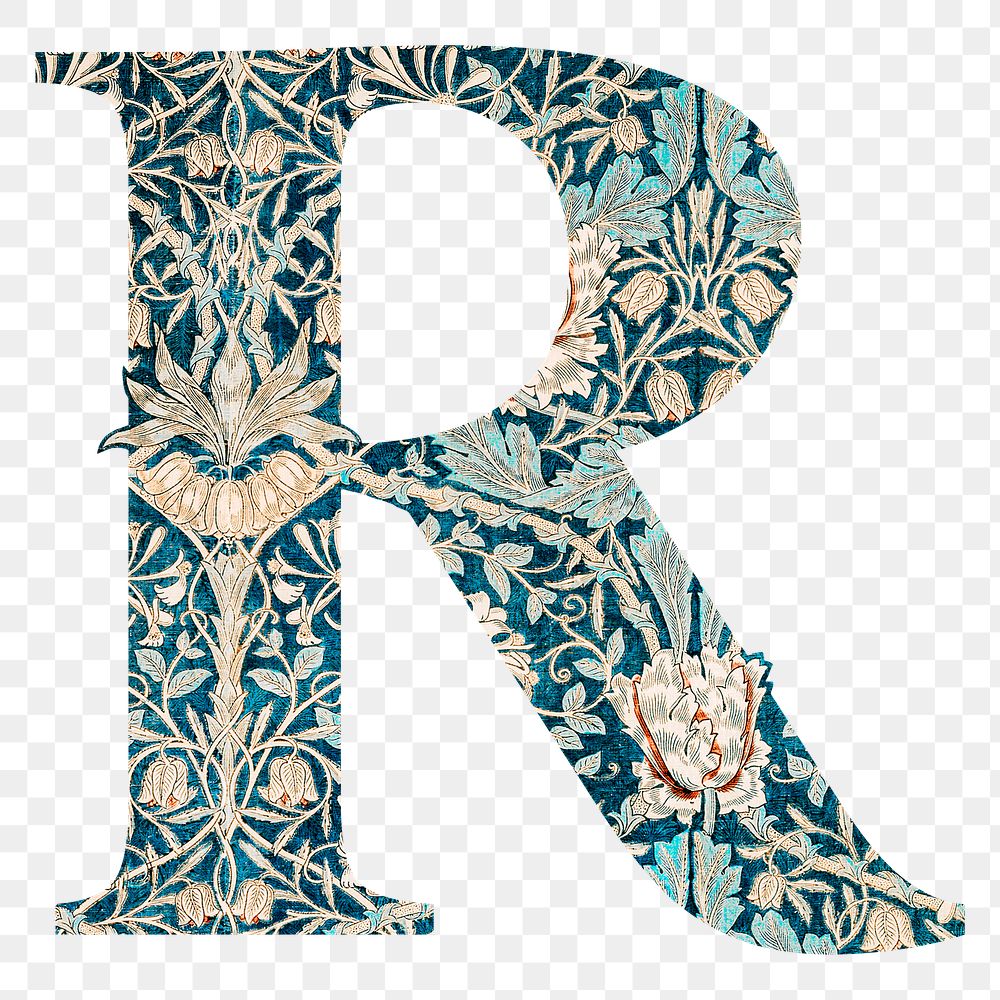PNG Letter R botanical pattern font, inspired by William Morris, transparent background