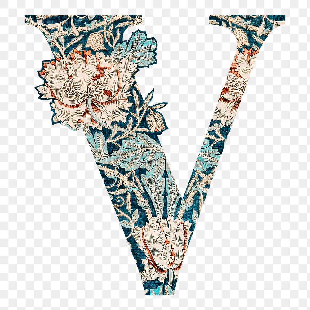 PNG Letter V botanical pattern font, inspired by William Morris, transparent background
