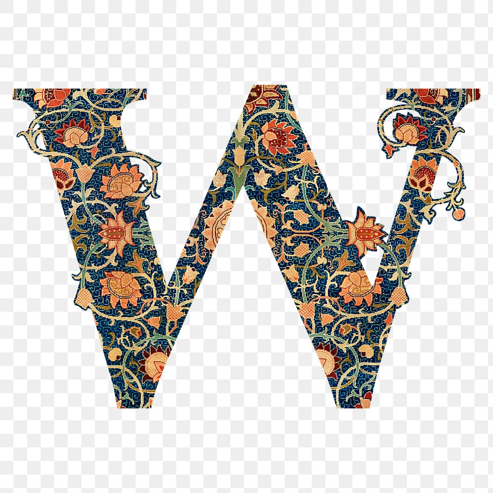 PNG Letter W botanical pattern font, inspired by William Morris, transparent background