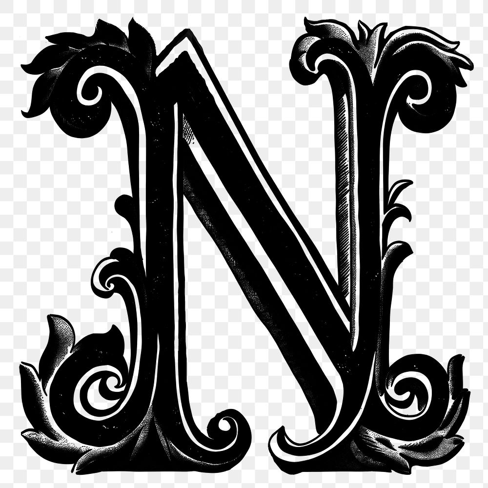 Letter N PNG in classic medieval art alphabet, transparent background