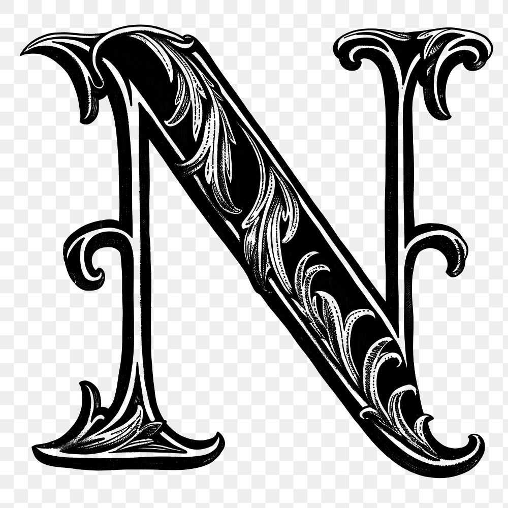 Letter N PNG in classic medieval art alphabet, transparent background