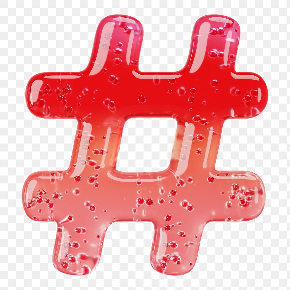 Hashtag sign png 3D red jelly symbol, transparent background
