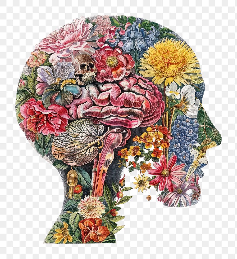 PNG Old illustration human head painting blossom dahlia.