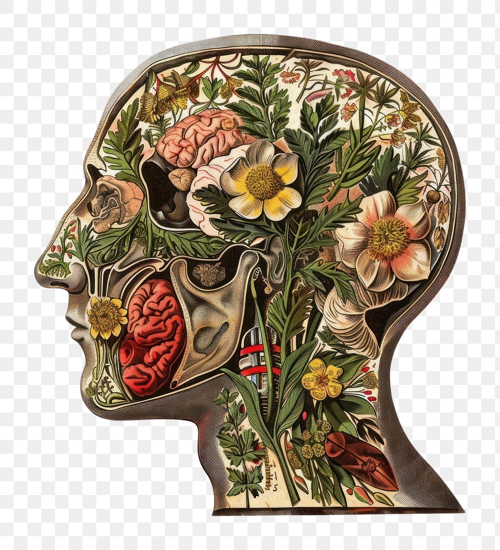 PNG Old illustration human head sculpture painting blossom.