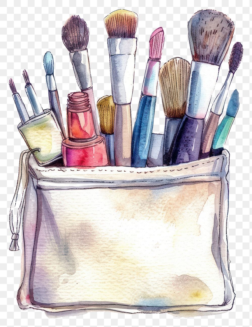 PNG  Watercolor of cosmetic cosmetics brush bag.