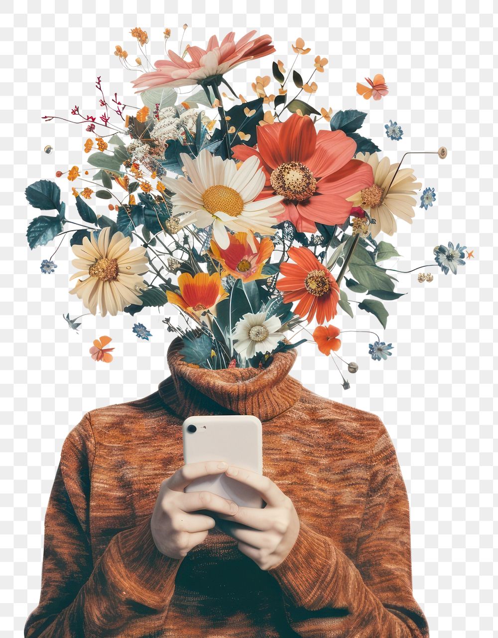 PNG Person using phones flower portrait painting