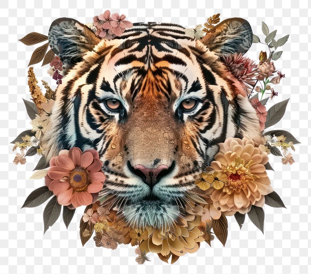 PNG Flower Collage tiger head wildlife pattern animal.