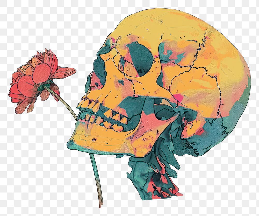 PNG Drawing skull with flower art sketch illustrated.