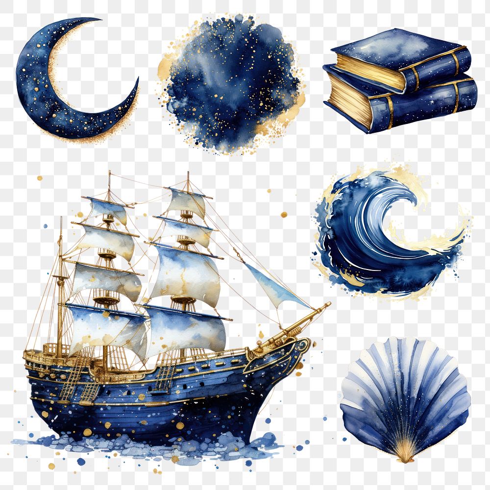 PNG navy blue watercolor glitter design element set, transparent background