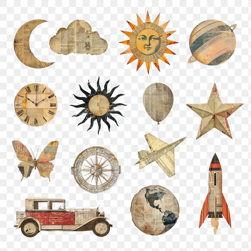 PNG vintage ephemera design element set, transparent background